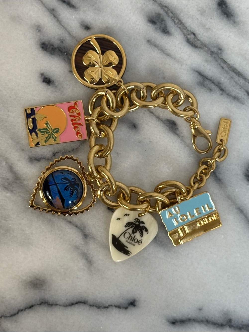 ‘The Chloe Postcards’ Chloe Gold Charm Bracelet w/ Blue, Pink & White Accents